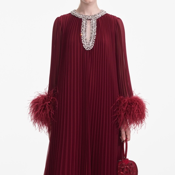 Self Portrait BURGUNDY CHIFFON FEATHER MIDI DRESS $950 NEW without tag - Picture 2 of 8